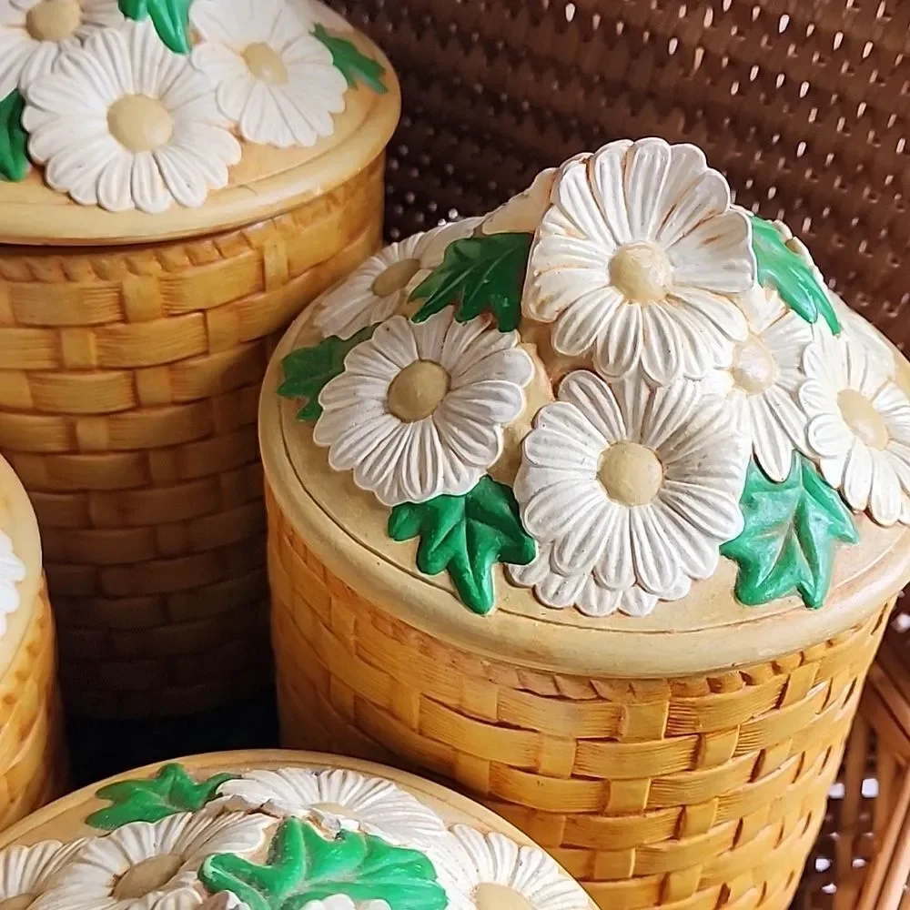 Vintage 70's Set Of 4 Daisy & Basket Weave Ceramic Canisters